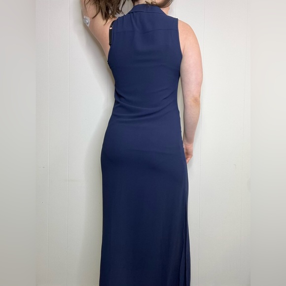 Micheal Kors Navy Sleeveless Maxi Dress With Chain Lace Up Neckline - Picture 3 of 16